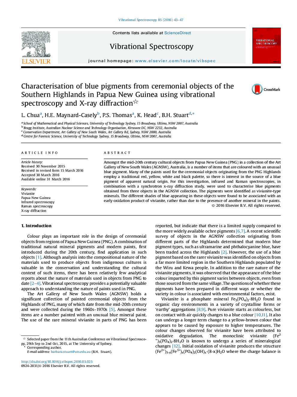 Characterisation of blue pigments from ceremonial objects of the Southern Highlands in Papua New Guinea using vibrational spectroscopy and X-ray diffraction 