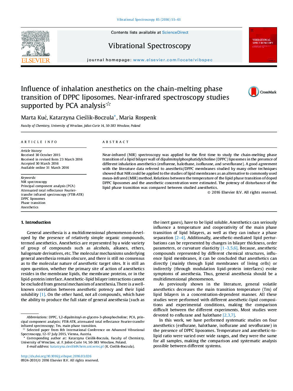 Influence of inhalation anesthetics on the chain-melting phase transition of DPPC liposomes. Near-infrared spectroscopy studies supported by PCA analysis 