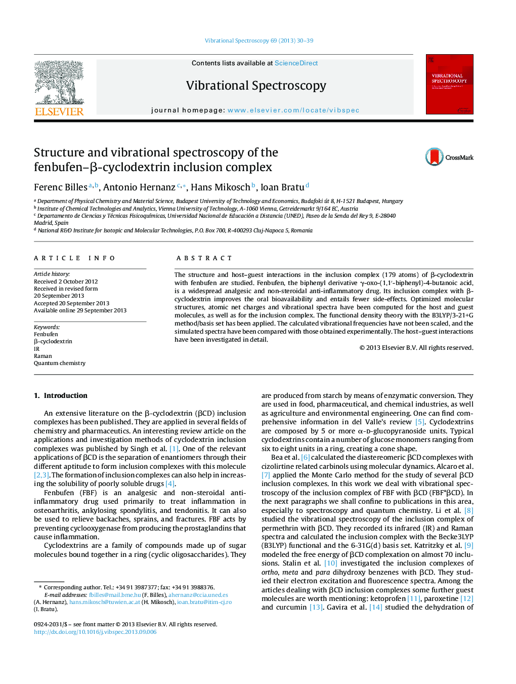 Structure and vibrational spectroscopy of the fenbufen–β-cyclodextrin inclusion complex