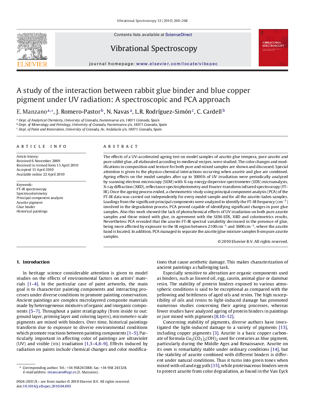 A study of the interaction between rabbit glue binder and blue copper pigment under UV radiation: A spectroscopic and PCA approach