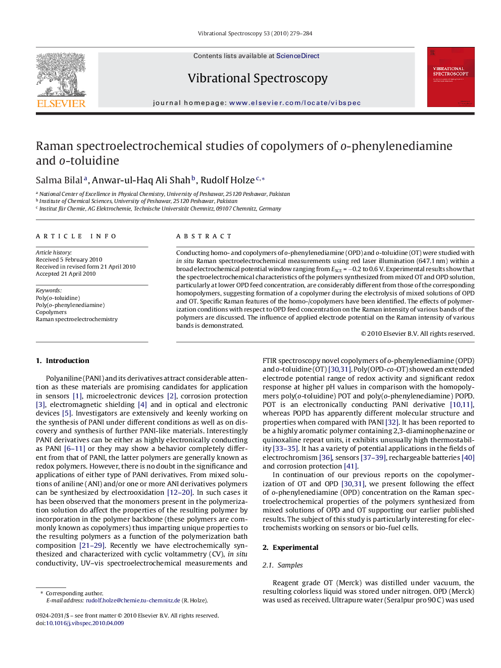 Raman spectroelectrochemical studies of copolymers of o-phenylenediamine and o-toluidine