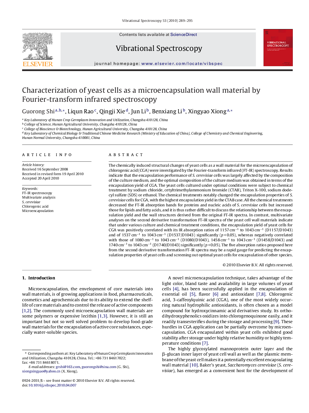 Characterization of yeast cells as a microencapsulation wall material by Fourier-transform infrared spectroscopy