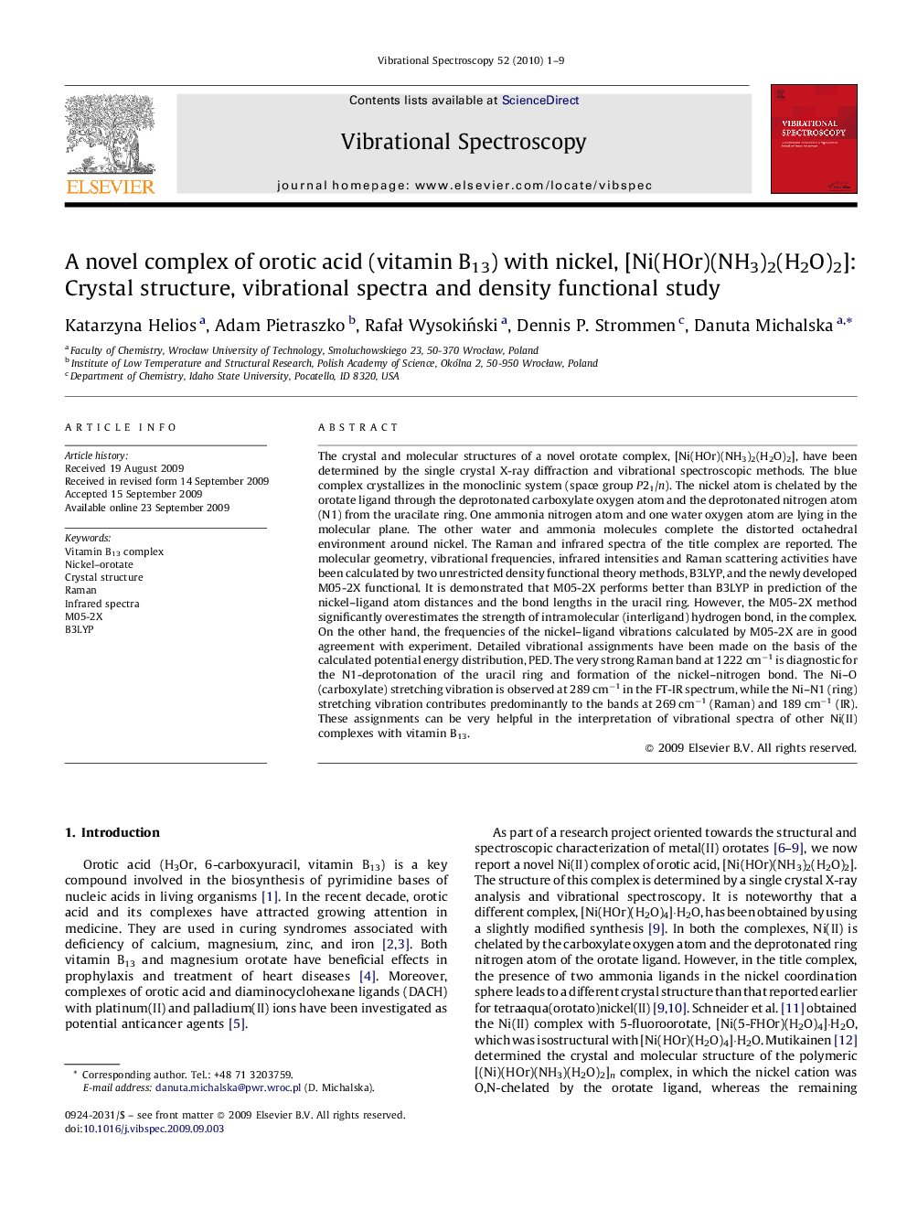 A novel complex of orotic acid (vitamin B13) with nickel, [Ni(HOr)(NH3)2(H2O)2]: Crystal structure, vibrational spectra and density functional study