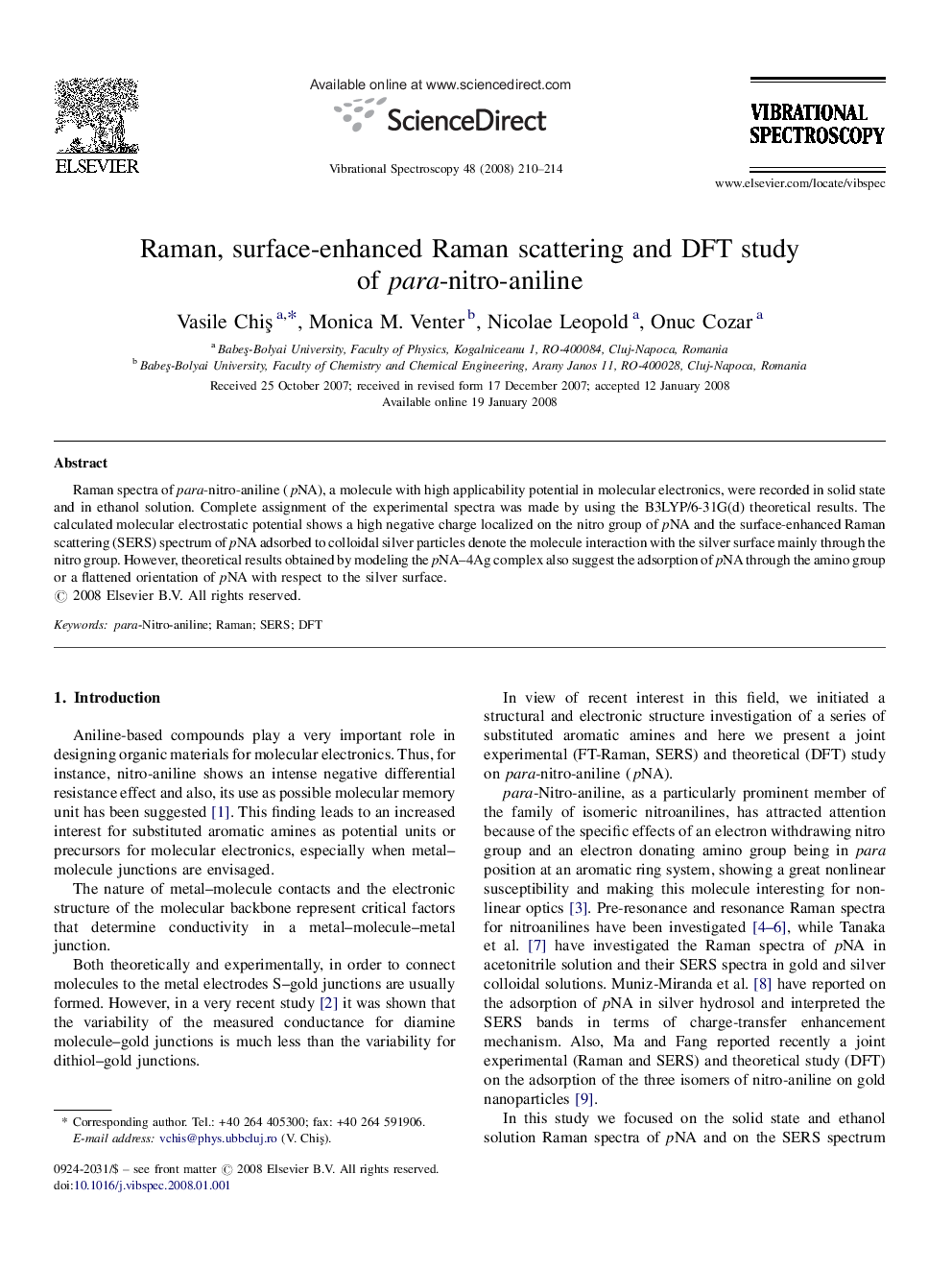 Raman, surface-enhanced Raman scattering and DFT study of para-nitro-aniline