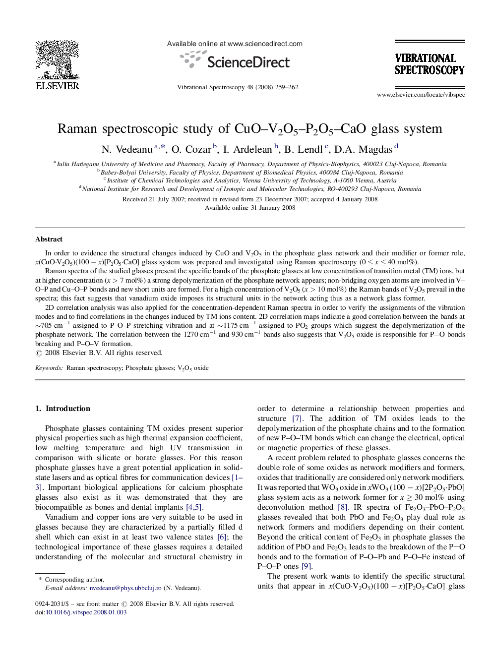 Raman spectroscopic study of CuO–V2O5–P2O5–CaO glass system