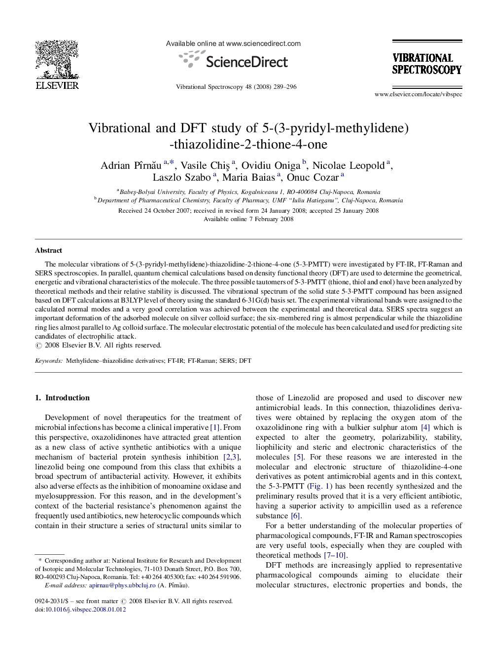 Vibrational and DFT study of 5-(3-pyridyl-methylidene)-thiazolidine-2-thione-4-one