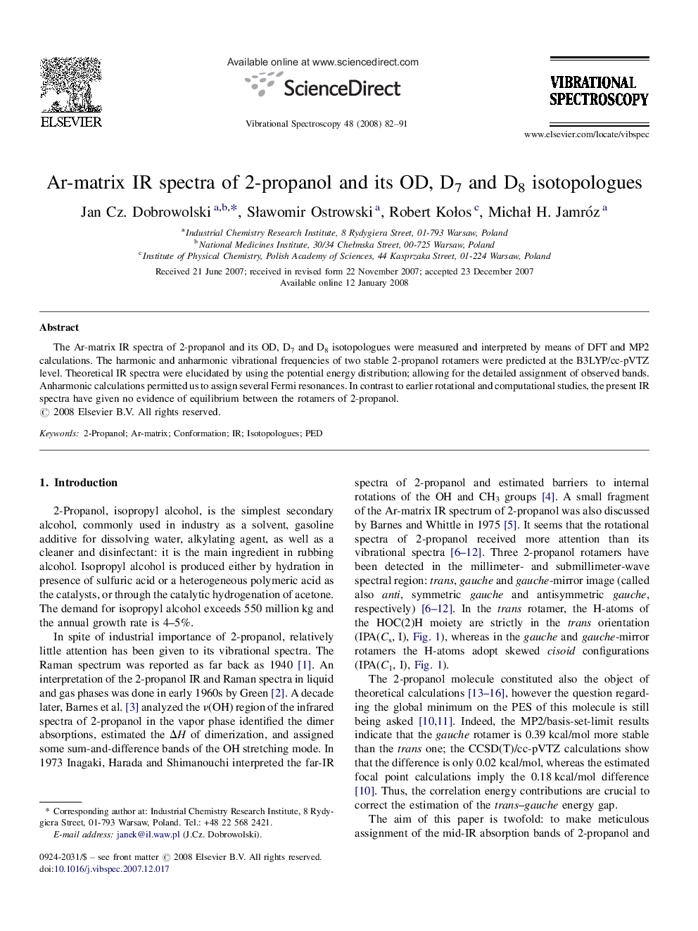 Ar-matrix IR spectra of 2-propanol and its OD, D7 and D8 isotopologues