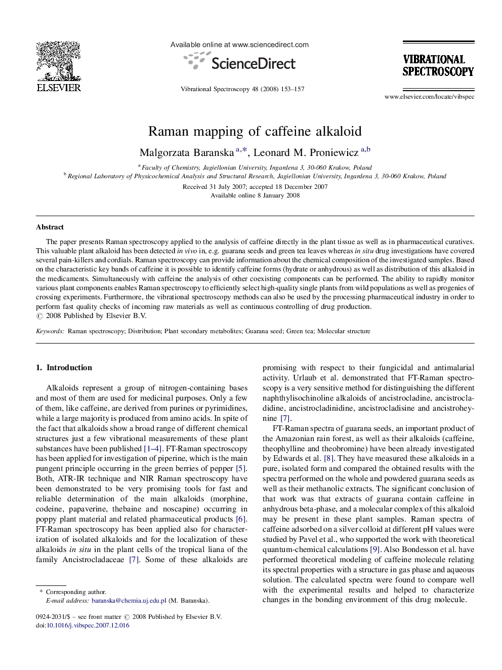 Raman mapping of caffeine alkaloid