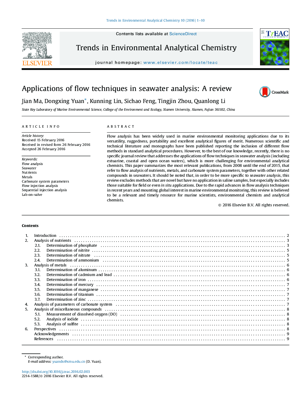 Applications of flow techniques in seawater analysis: A review