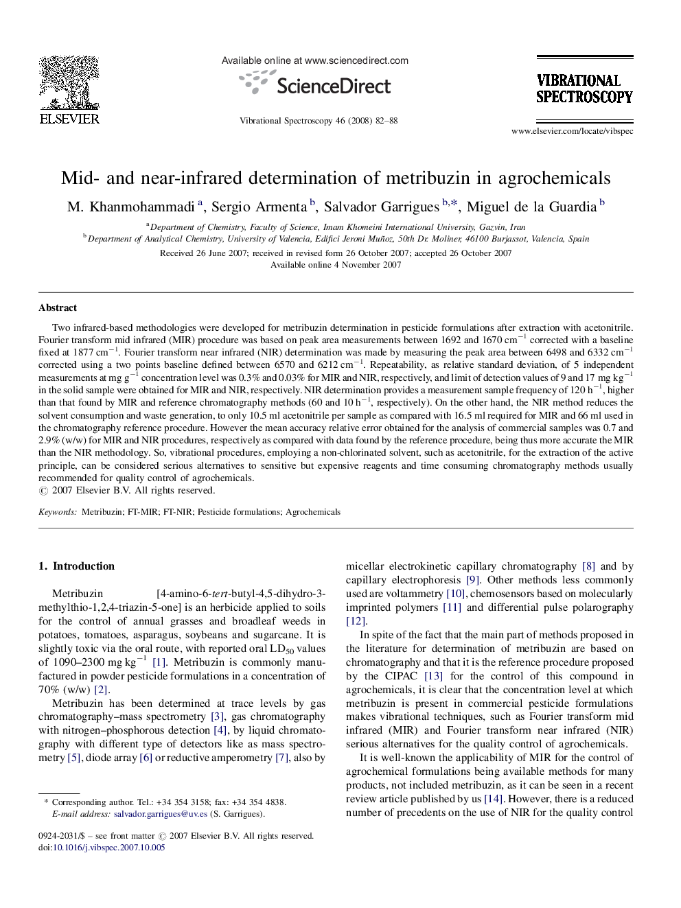 Mid- and near-infrared determination of metribuzin in agrochemicals