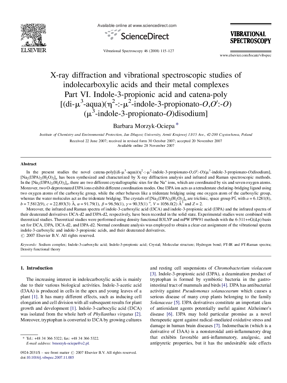 X-ray diffraction and vibrational spectroscopic studies of indolecarboxylic acids and their metal complexes: Part VI. Indole-3-propionic acid and catena-poly[(di-μ3-aqua)(η2-:-μ2-indole-3-propionato-O,O′:-O)(μ3-indole-3-propionato-O)disodium]