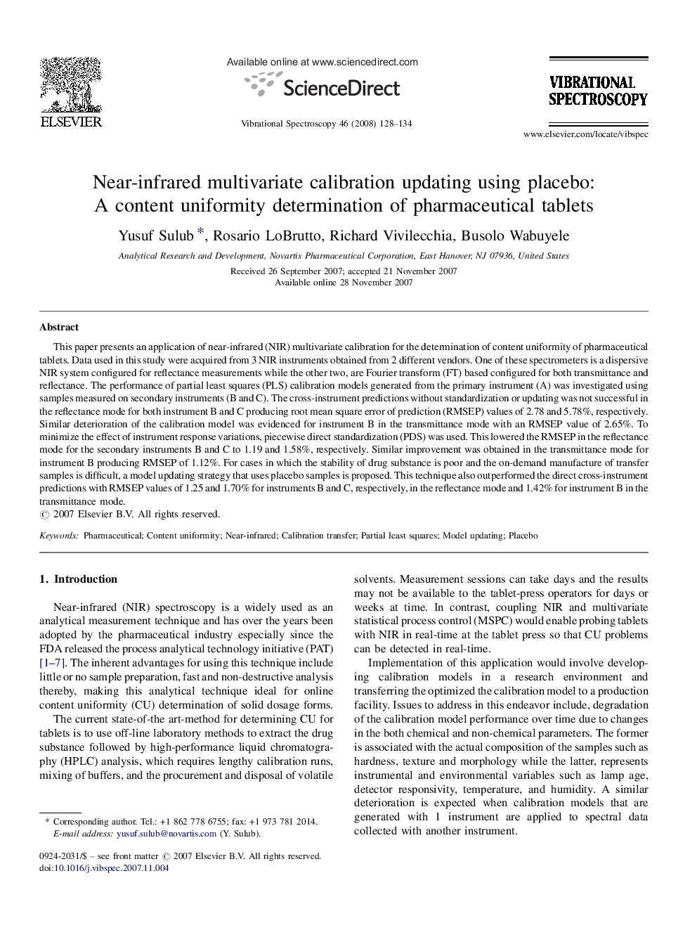 Near-infrared multivariate calibration updating using placebo: A content uniformity determination of pharmaceutical tablets