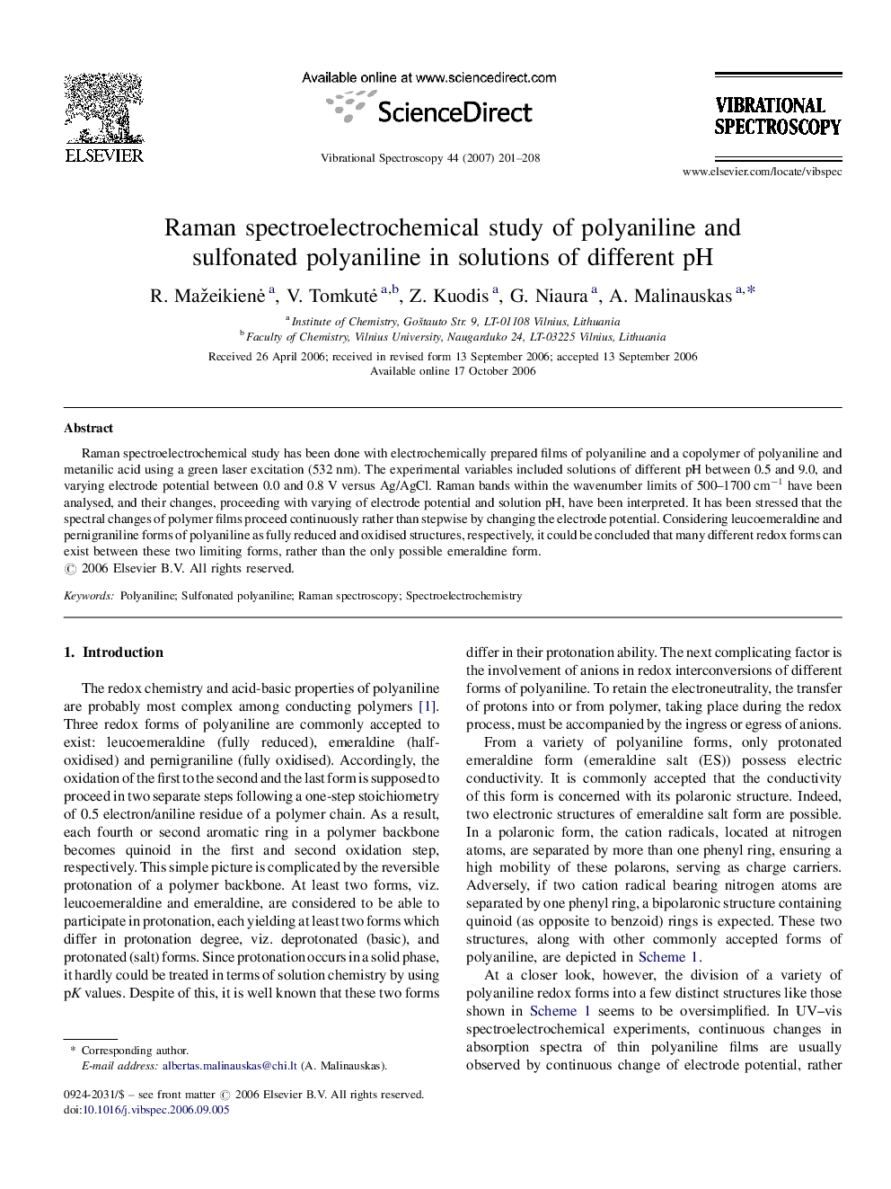 Raman spectroelectrochemical study of polyaniline and sulfonated polyaniline in solutions of different pH