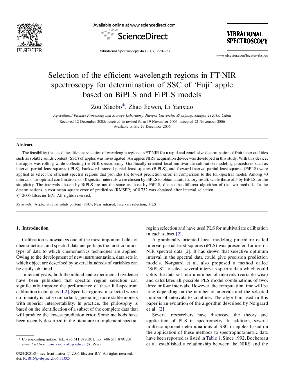 Selection of the efficient wavelength regions in FT-NIR spectroscopy for determination of SSC of ‘Fuji’ apple based on BiPLS and FiPLS models