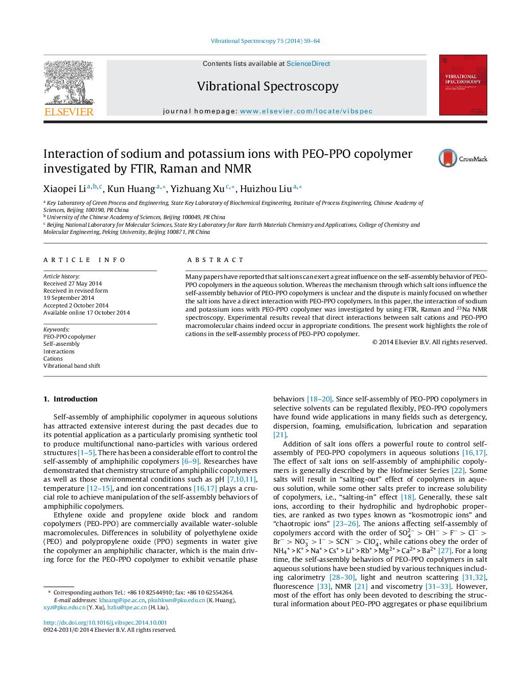 Interaction of sodium and potassium ions with PEO-PPO copolymer investigated by FTIR, Raman and NMR