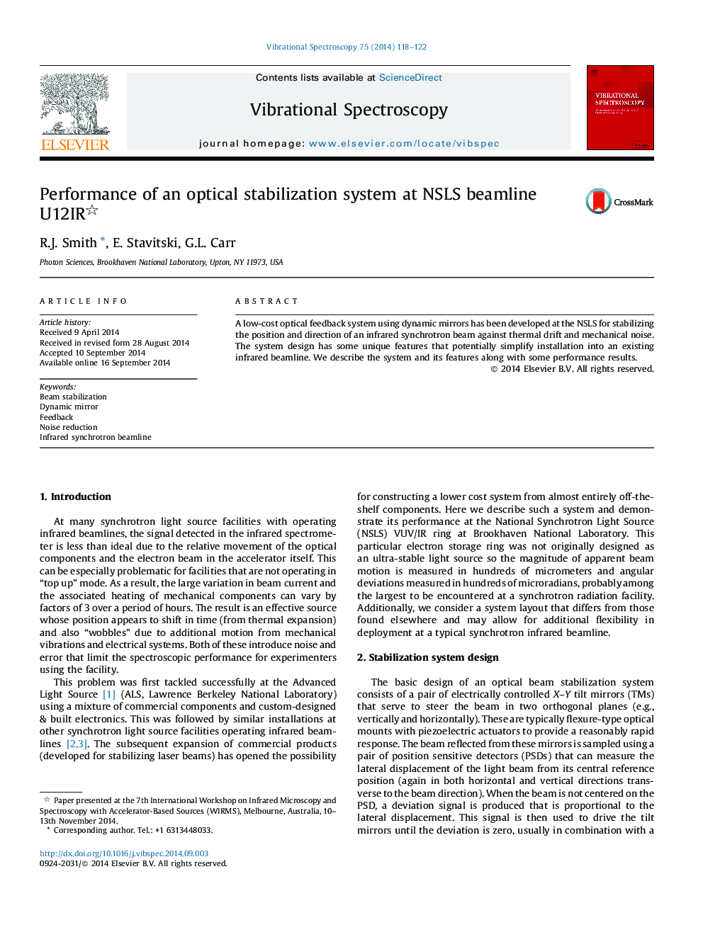 Performance of an optical stabilization system at NSLS beamline U12IR