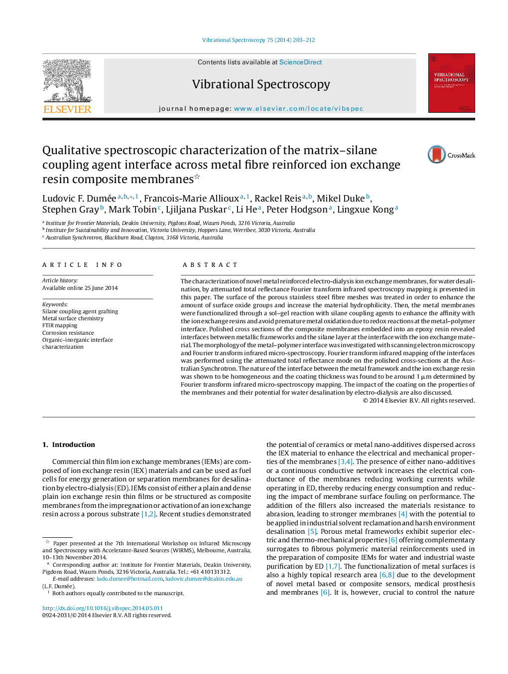 Qualitative spectroscopic characterization of the matrix–silane coupling agent interface across metal fibre reinforced ion exchange resin composite membranes 