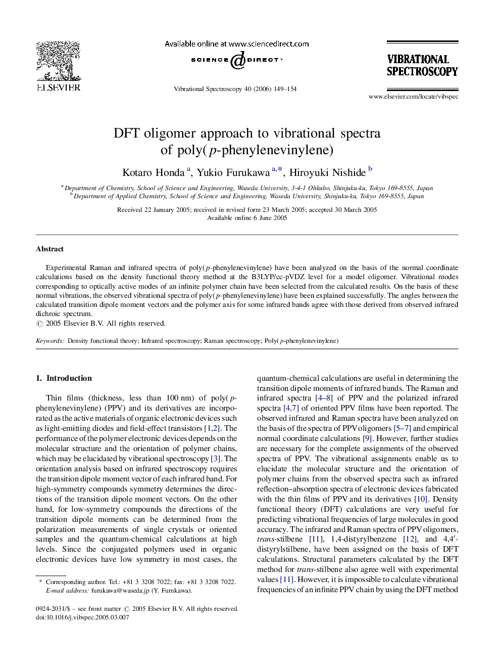 DFT oligomer approach to vibrational spectra of poly(p-phenylenevinylene)