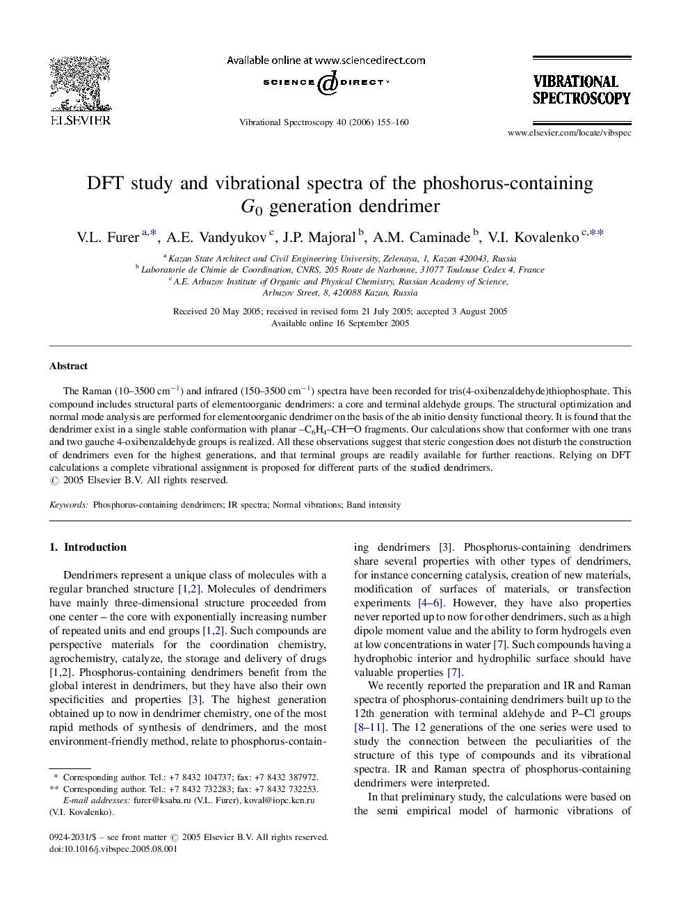 DFT study and vibrational spectra of the phoshorus-containing G0 generation dendrimer