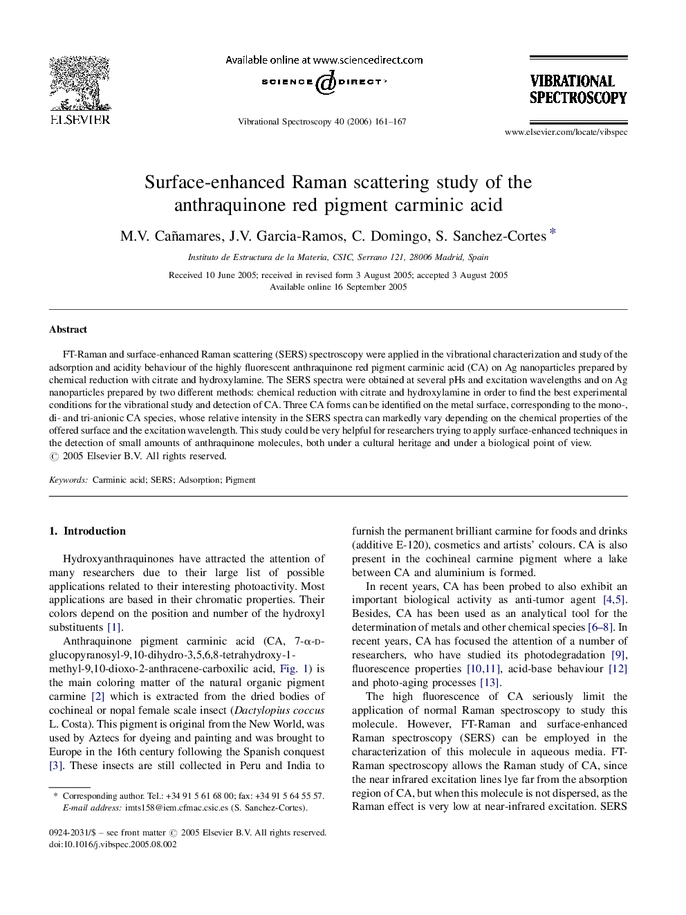 Surface-enhanced Raman scattering study of the anthraquinone red pigment carminic acid