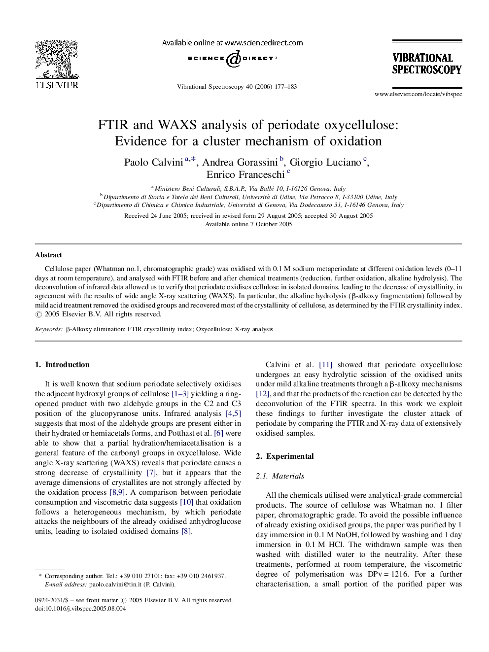 FTIR and WAXS analysis of periodate oxycellulose: Evidence for a cluster mechanism of oxidation