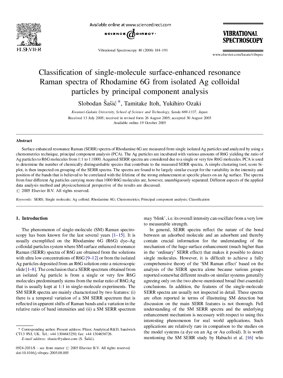 Classification of single-molecule surface-enhanced resonance Raman spectra of Rhodamine 6G from isolated Ag colloidal particles by principal component analysis