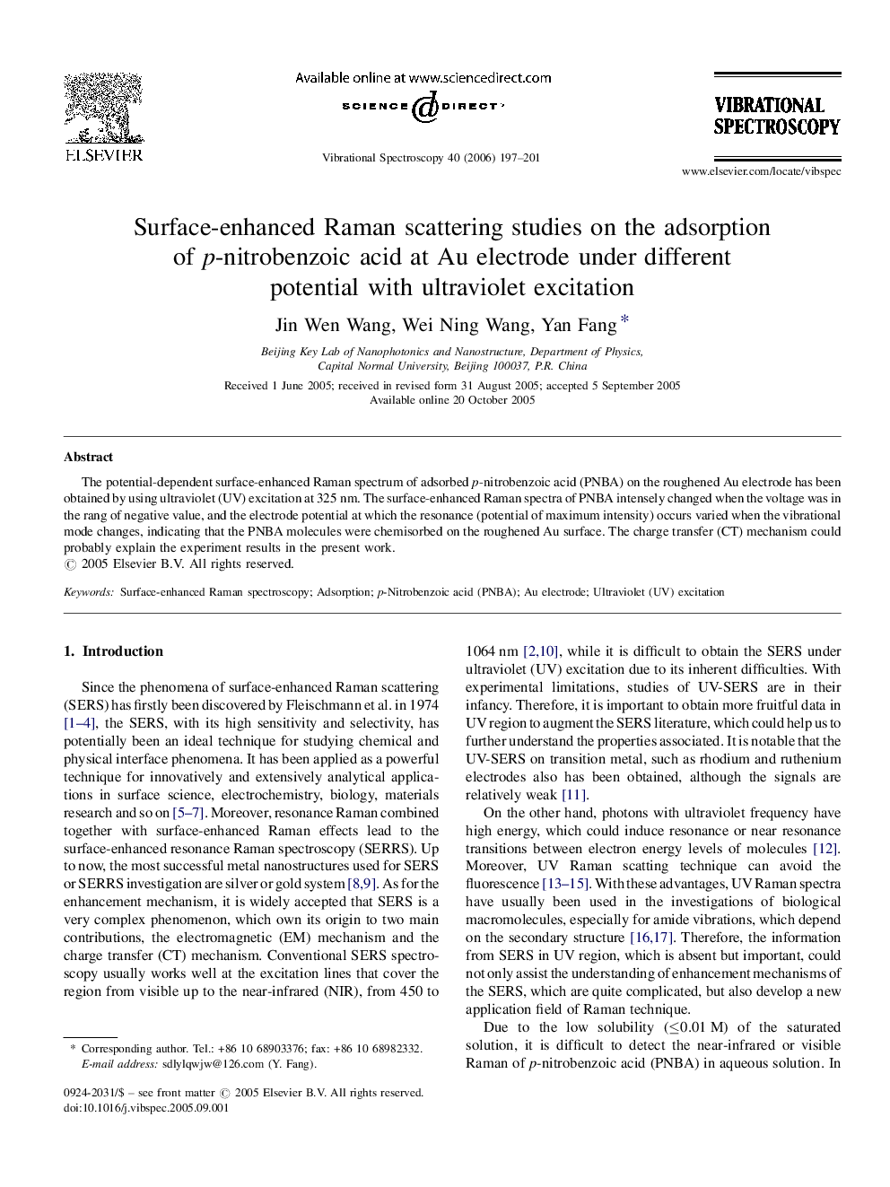 Surface-enhanced Raman scattering studies on the adsorption of p-nitrobenzoic acid at Au electrode under different potential with ultraviolet excitation