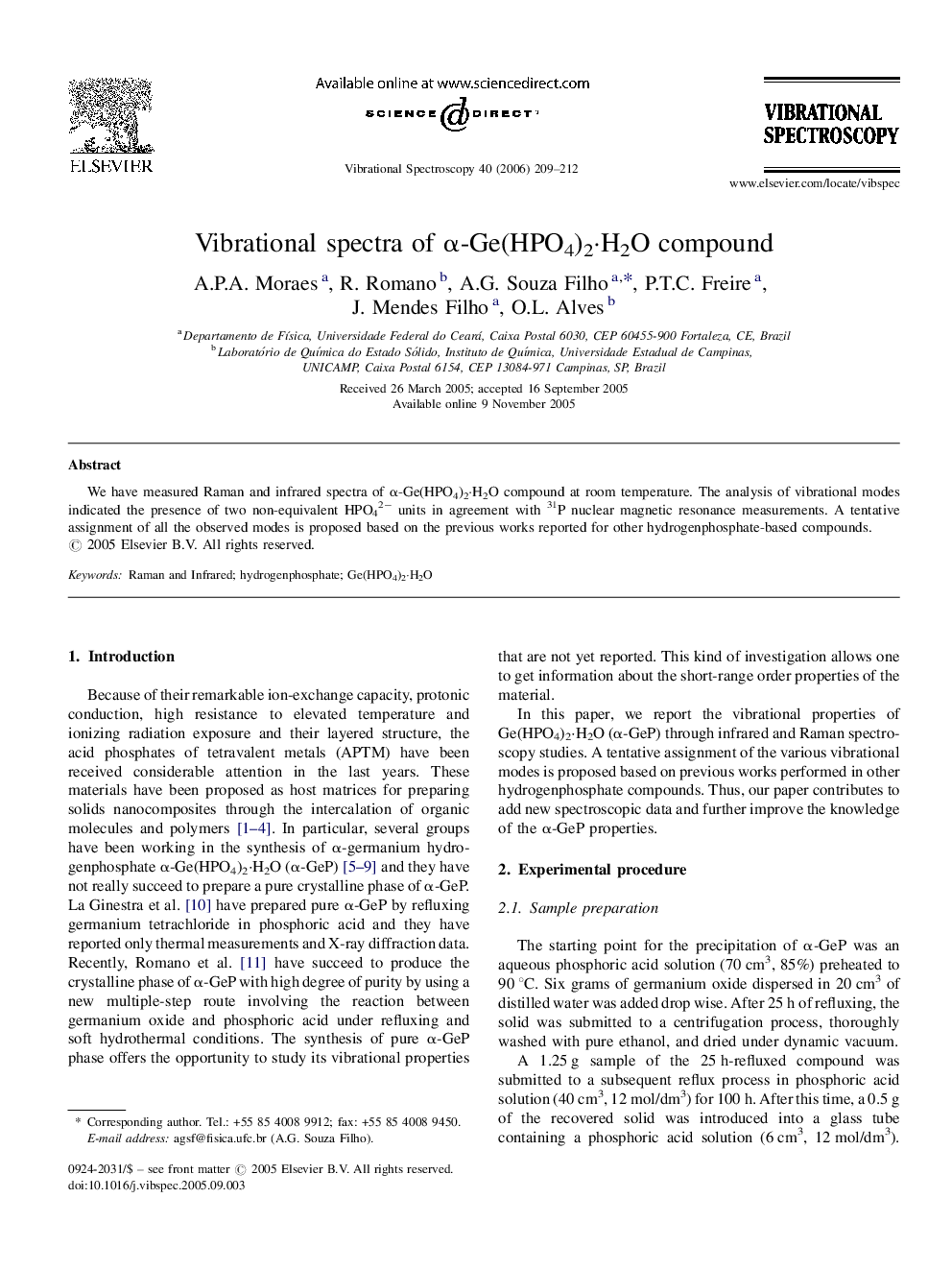 Vibrational spectra of Î±-Ge(HPO4)2Â·H2O compound