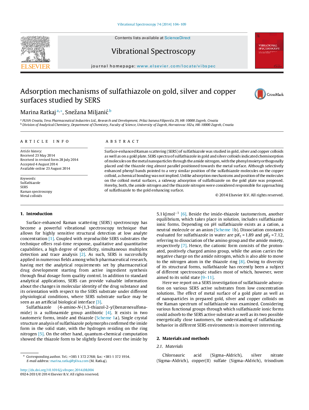 Adsorption mechanisms of sulfathiazole on gold, silver and copper surfaces studied by SERS