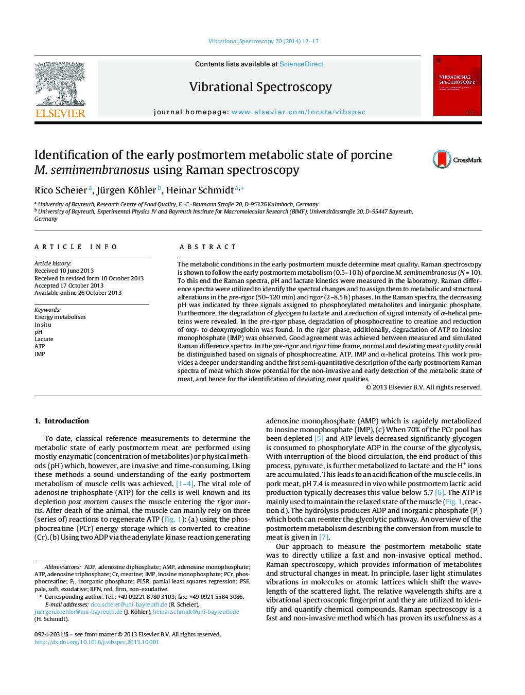 Identification of the early postmortem metabolic state of porcine M. semimembranosus using Raman spectroscopy