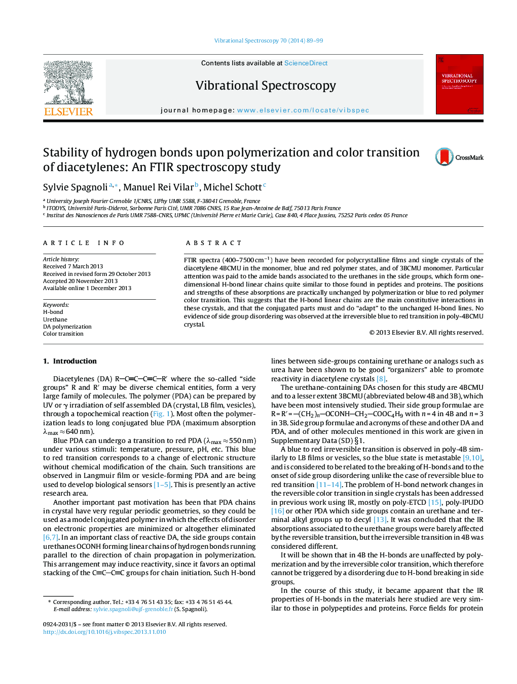 Stability of hydrogen bonds upon polymerization and color transition of diacetylenes: An FTIR spectroscopy study