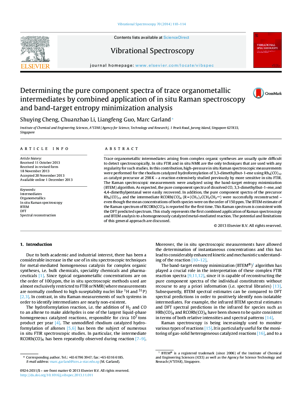Determining the pure component spectra of trace organometallic intermediates by combined application of in situ Raman spectroscopy and band-target entropy minimization analysis