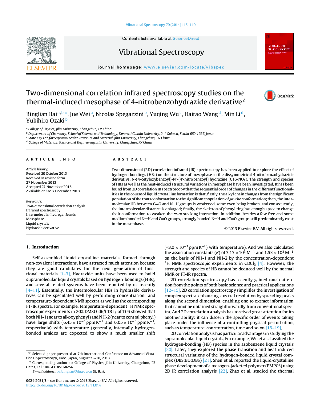 Two-dimensional correlation infrared spectroscopy studies on the thermal-induced mesophase of 4-nitrobenzohydrazide derivative 