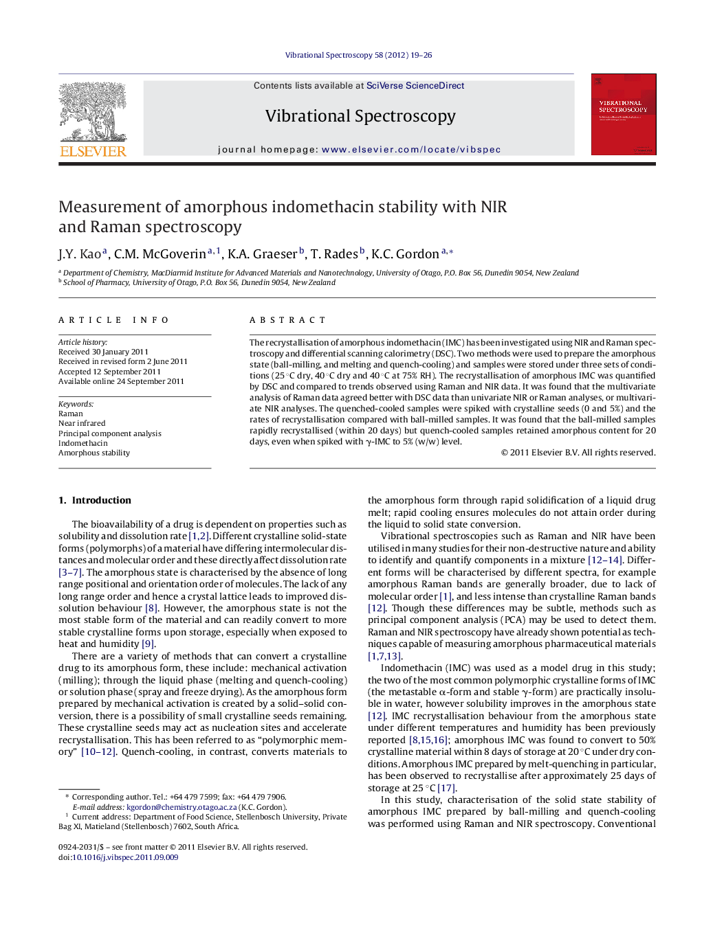 Measurement of amorphous indomethacin stability with NIR and Raman spectroscopy