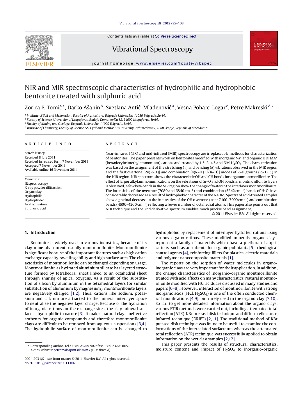 NIR and MIR spectroscopic characteristics of hydrophilic and hydrophobic bentonite treated with sulphuric acid