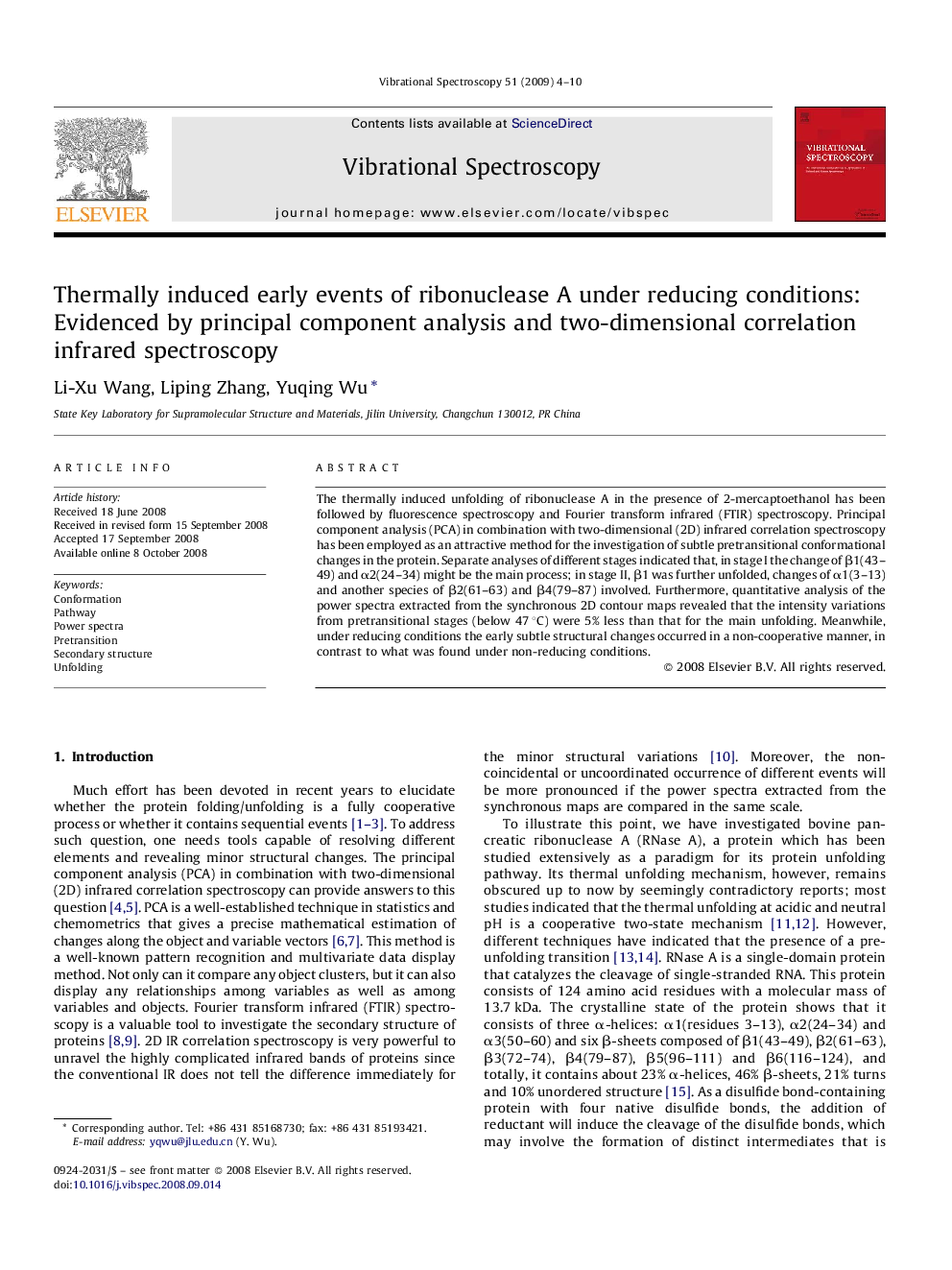 Thermally induced early events of ribonuclease A under reducing conditions: Evidenced by principal component analysis and two-dimensional correlation infrared spectroscopy