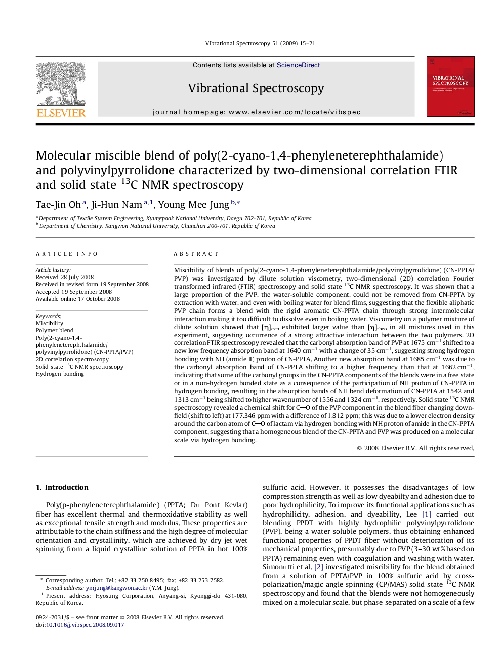 Molecular miscible blend of poly(2-cyano-1,4-phenyleneterephthalamide) and polyvinylpyrrolidone characterized by two-dimensional correlation FTIR and solid state 13C NMR spectroscopy