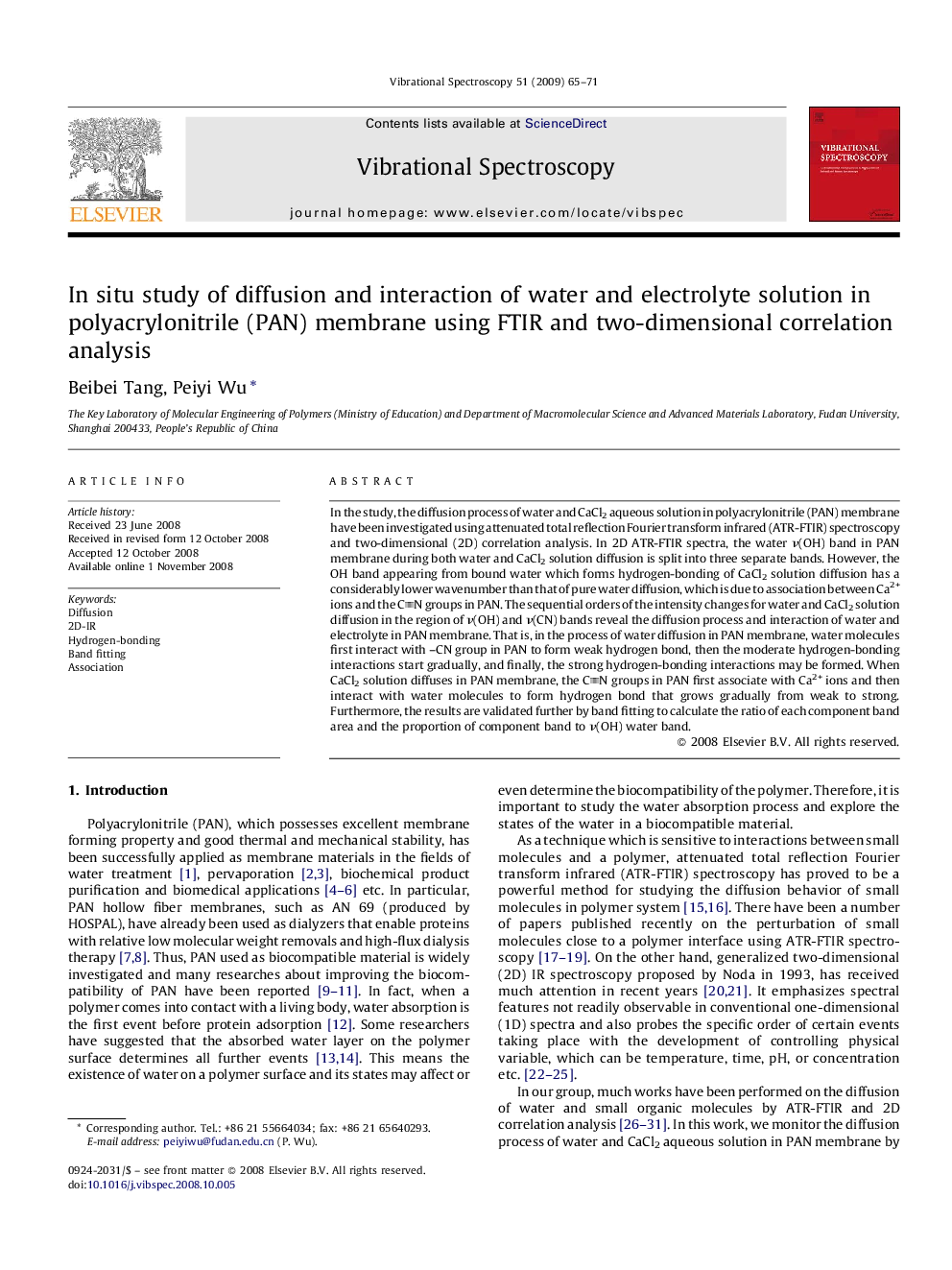 In situ study of diffusion and interaction of water and electrolyte solution in polyacrylonitrile (PAN) membrane using FTIR and two-dimensional correlation analysis