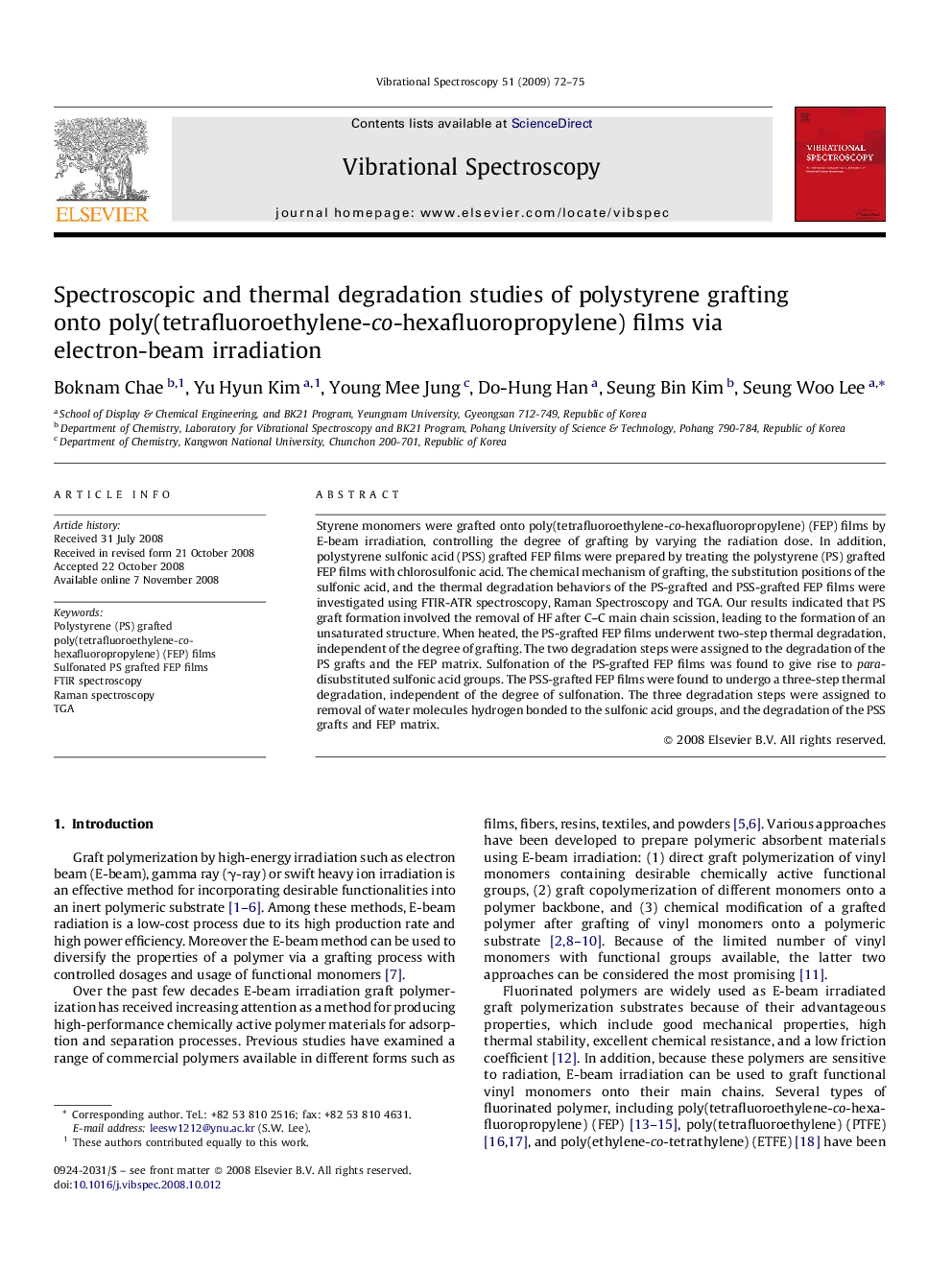 Spectroscopic and thermal degradation studies of polystyrene grafting onto poly(tetrafluoroethylene-co-hexafluoropropylene) films via electron-beam irradiation