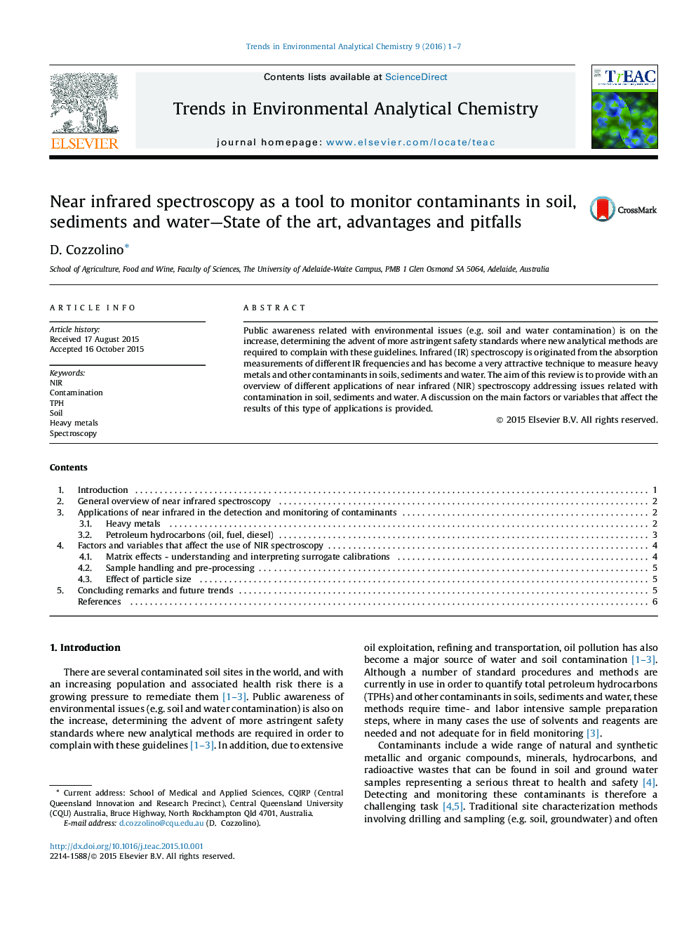 Near infrared spectroscopy as a tool to monitor contaminants in soil, sediments and water—State of the art, advantages and pitfalls