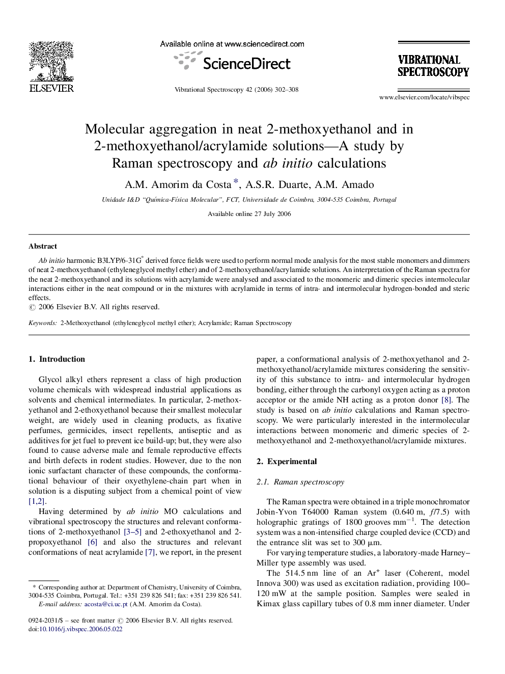 Molecular aggregation in neat 2-methoxyethanol and in 2-methoxyethanol/acrylamide solutions-A study by Raman spectroscopy and ab initio calculations
