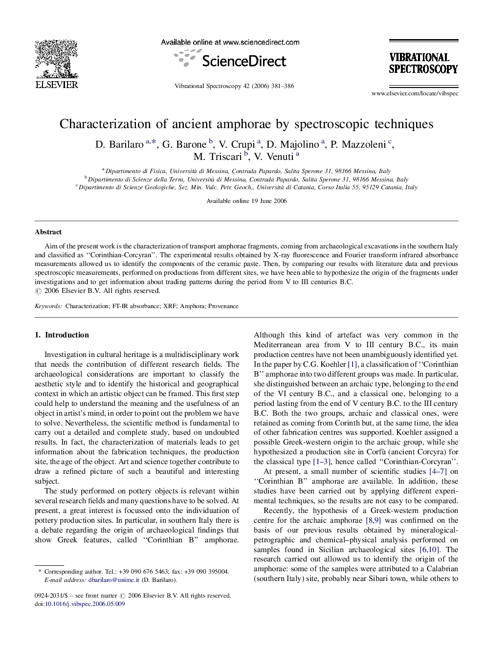 Characterization of ancient amphorae by spectroscopic techniques