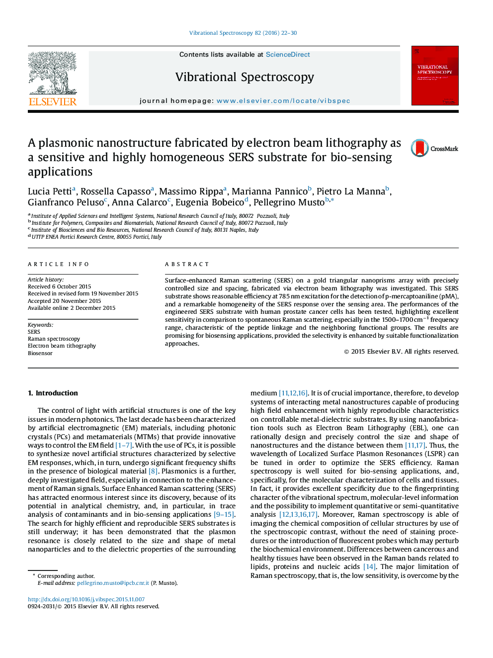 A plasmonic nanostructure fabricated by electron beam lithography as a sensitive and highly homogeneous SERS substrate for bio-sensing applications