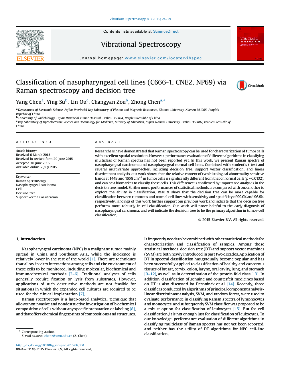 Classification of nasopharyngeal cell lines (C666-1, CNE2, NP69) via Raman spectroscopy and decision tree