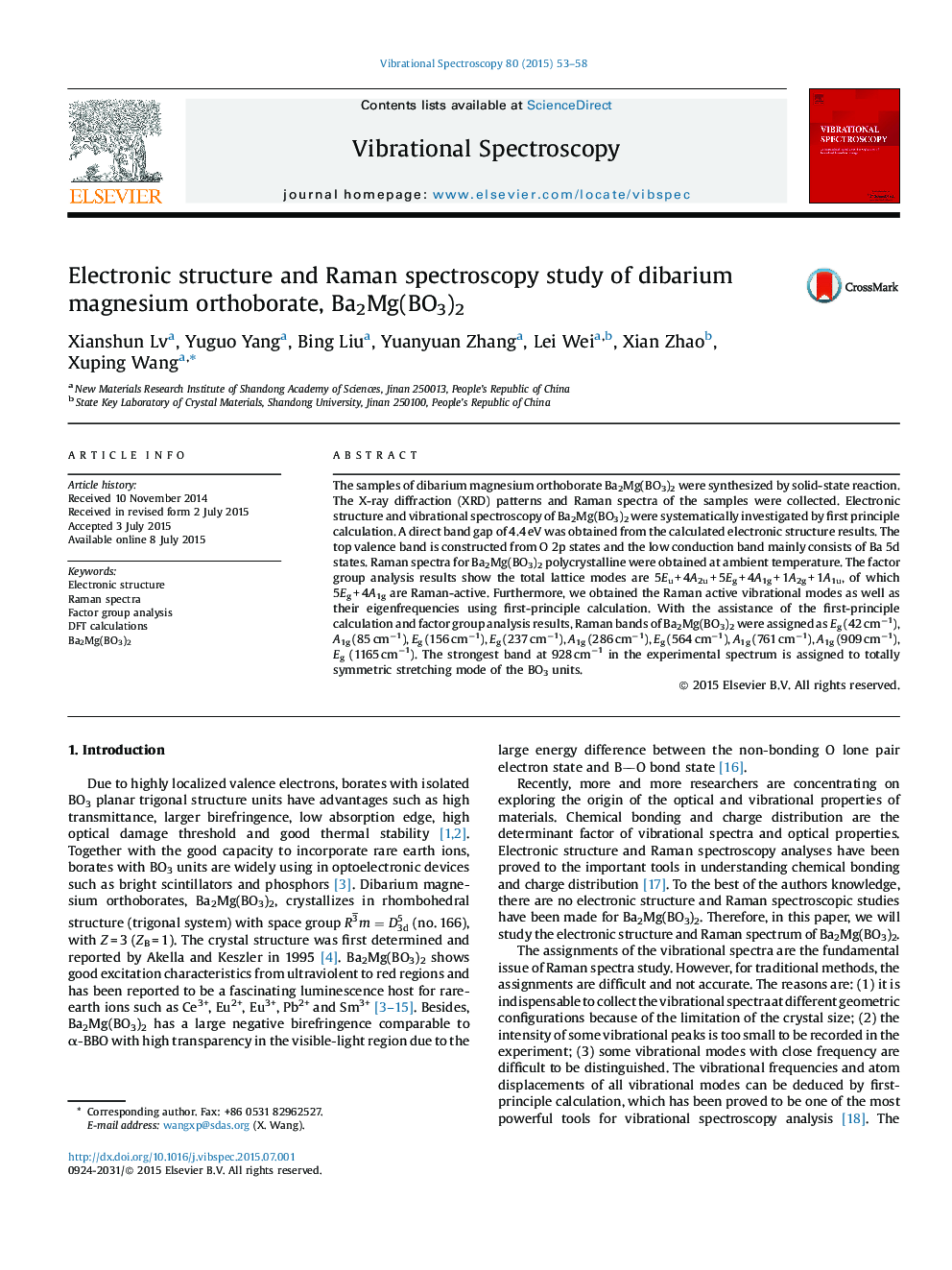 Electronic structure and Raman spectroscopy study of dibarium magnesium orthoborate, Ba2Mg(BO3)2