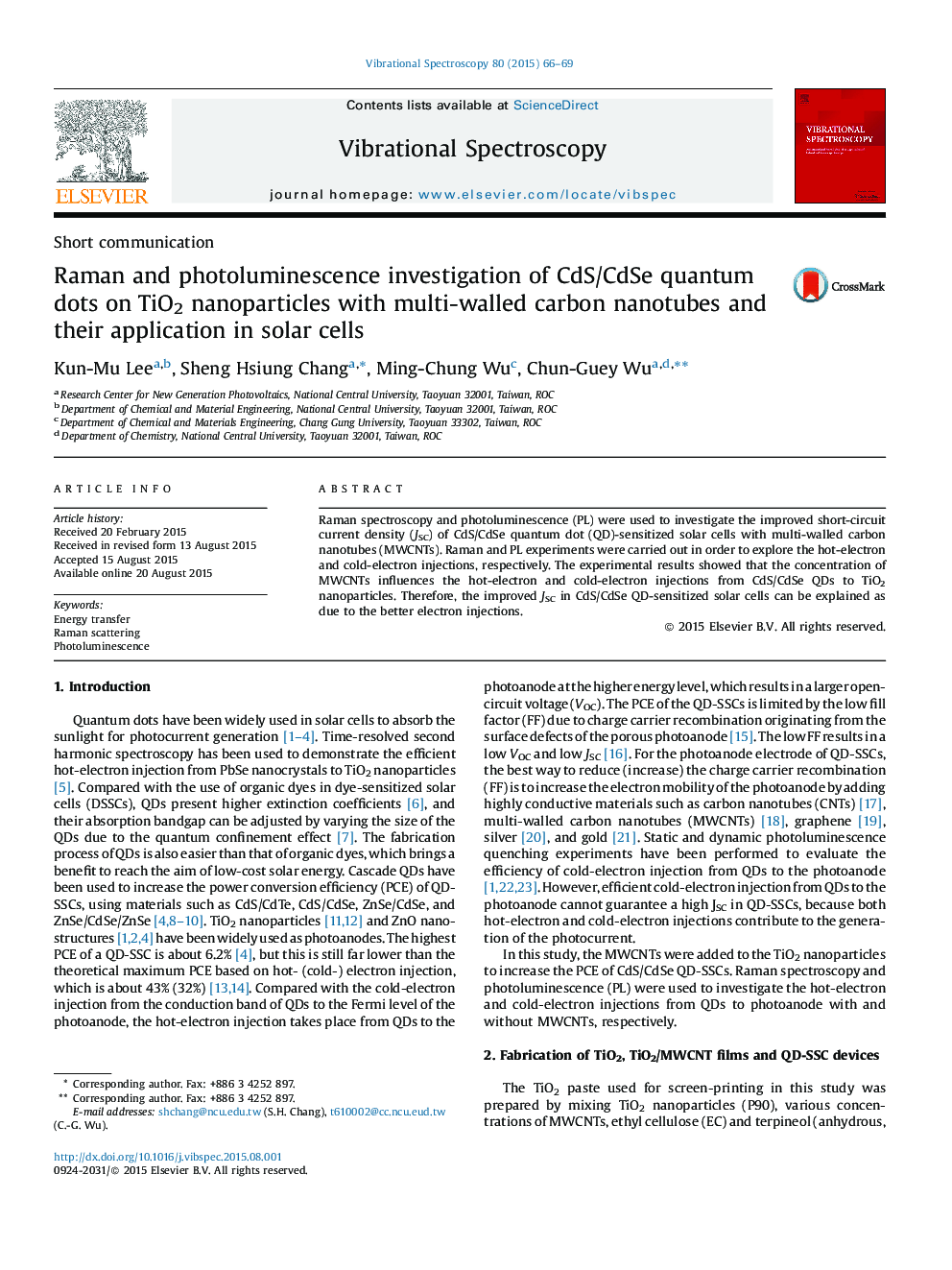 Raman and photoluminescence investigation of CdS/CdSe quantum dots on TiO2 nanoparticles with multi-walled carbon nanotubes and their application in solar cells