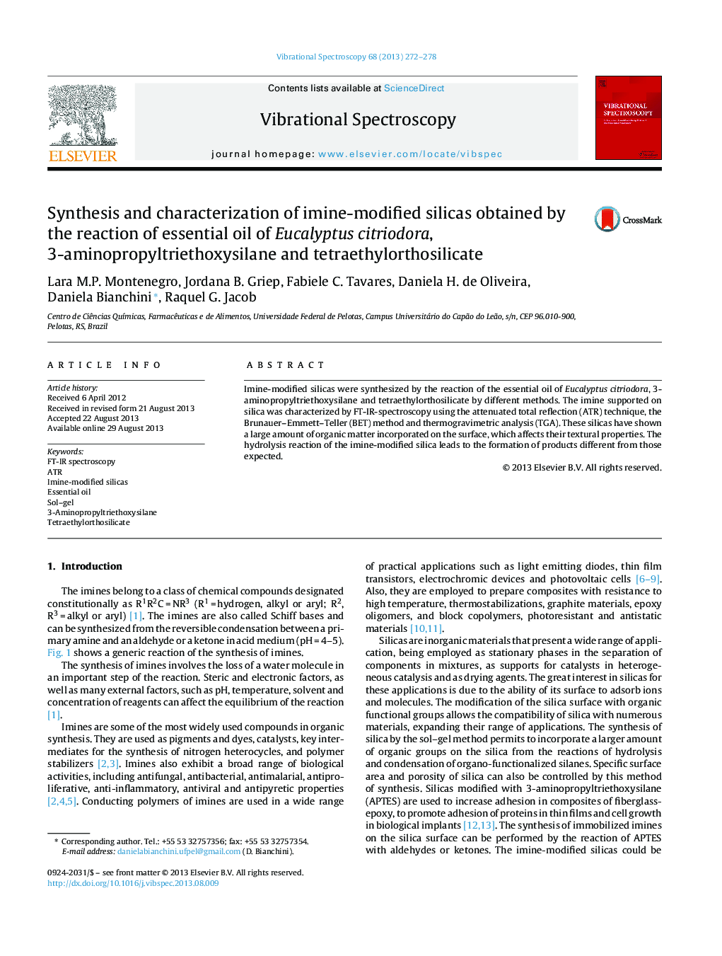 Synthesis and characterization of imine-modified silicas obtained by the reaction of essential oil of Eucalyptus citriodora, 3-aminopropyltriethoxysilane and tetraethylorthosilicate