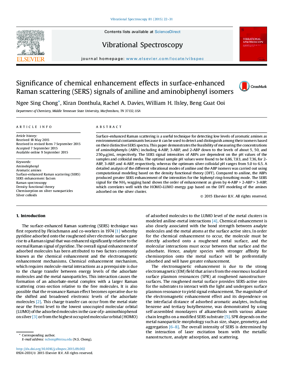 Significance of chemical enhancement effects in surface-enhanced Raman scattering (SERS) signals of aniline and aminobiphenyl isomers