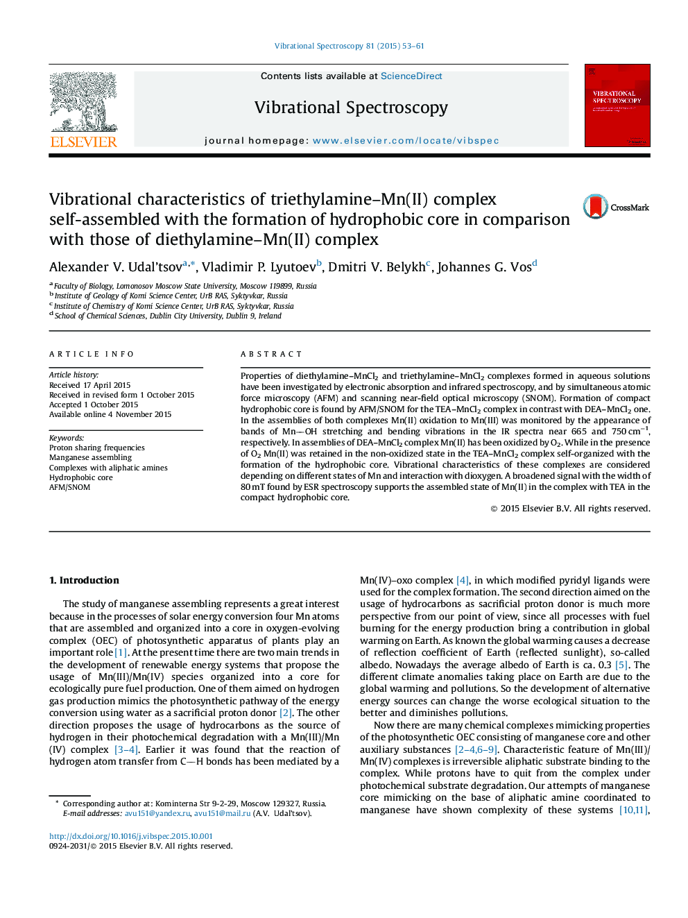 Vibrational characteristics of triethylamine–Mn(II) complex self-assembled with the formation of hydrophobic core in comparison with those of diethylamine–Mn(II) complex