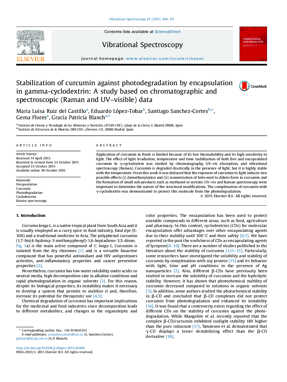 Stabilization of curcumin against photodegradation by encapsulation in gamma-cyclodextrin: A study based on chromatographic and spectroscopic (Raman and UV–visible) data